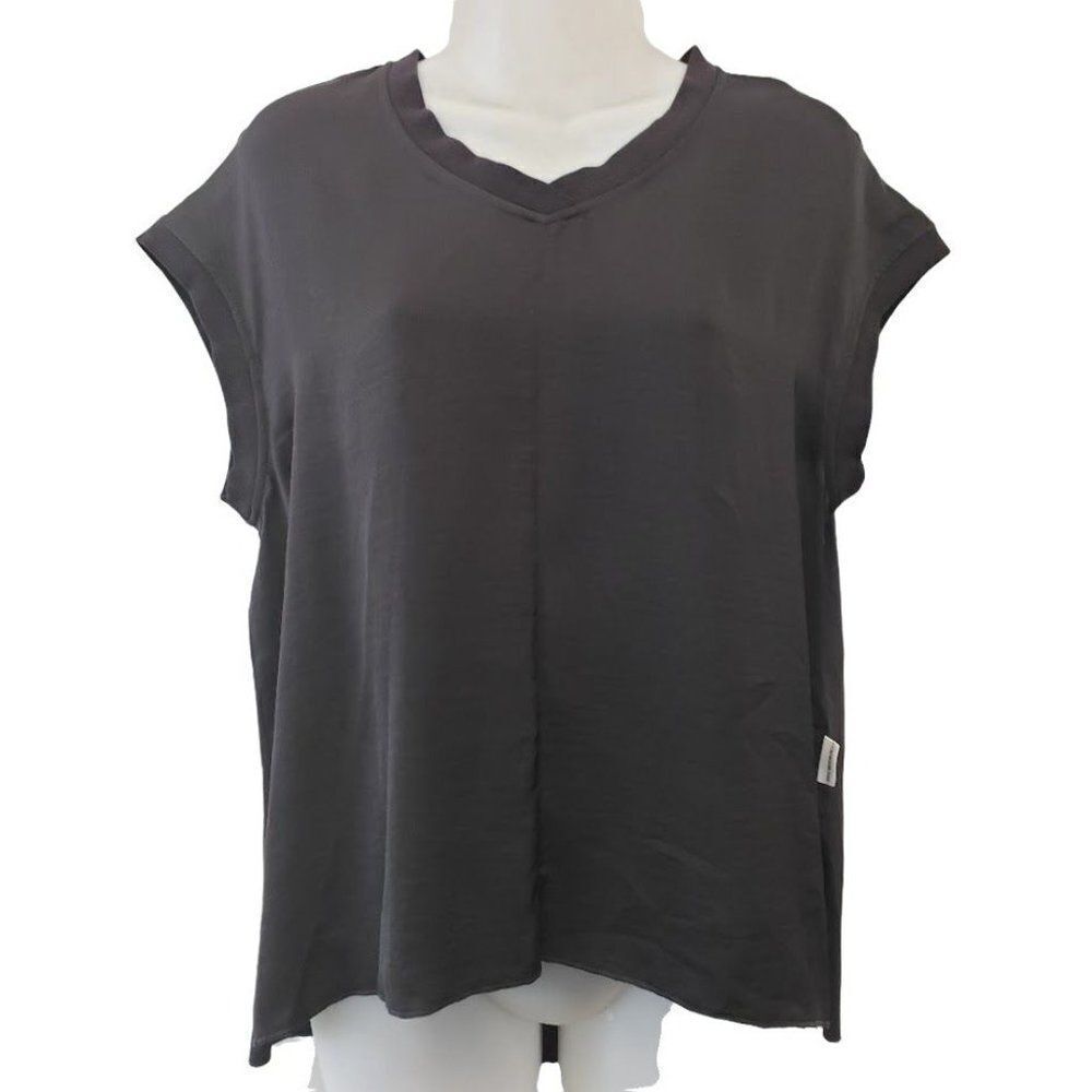 Calvin Klein Blouse Top Women's XS Black Mixed-Media V-Neck Hi-Low Hem NEW